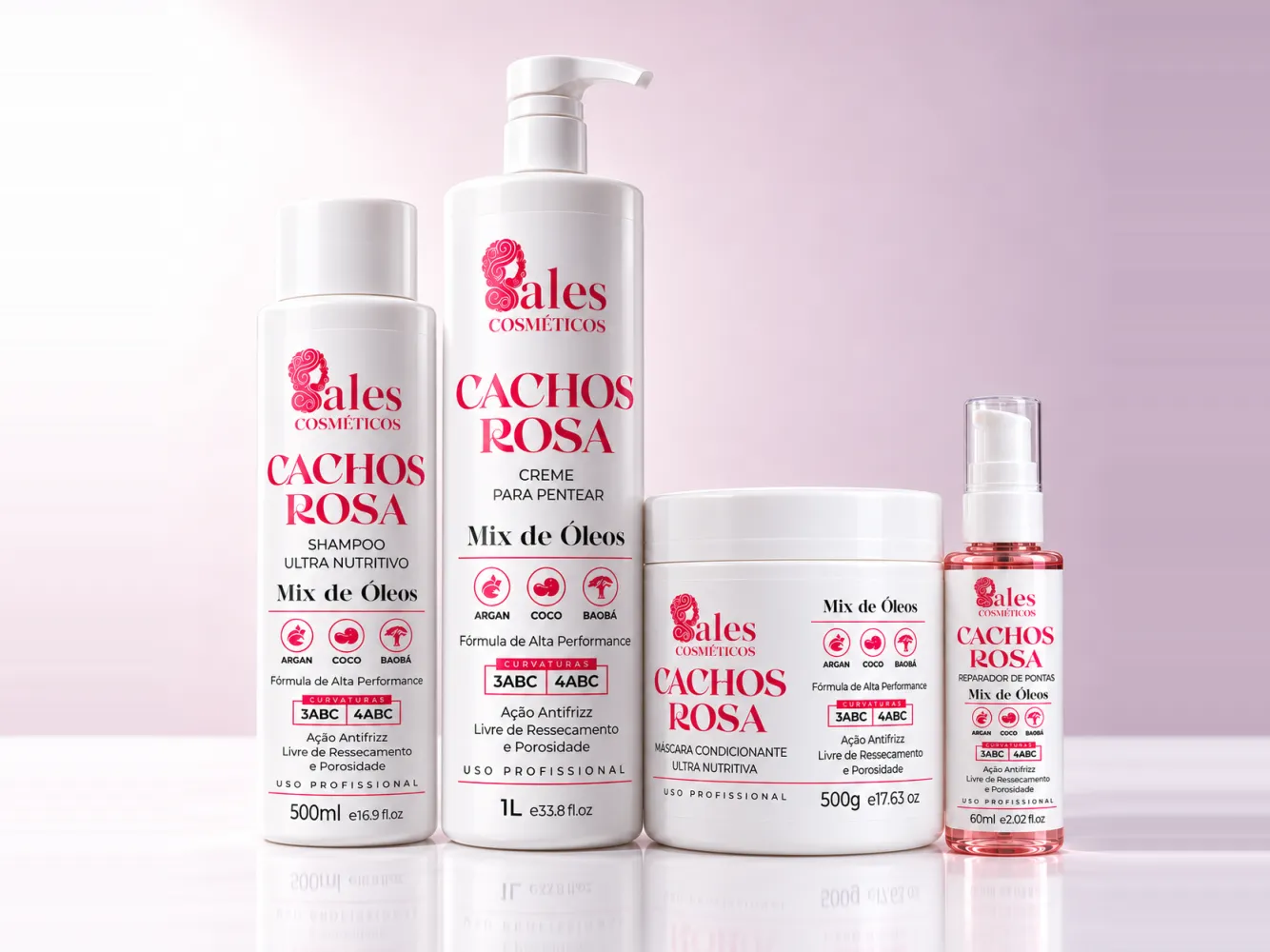 Kit Cachos Rosa: shampoo, creme para pentear, máscara e reparador de pontas