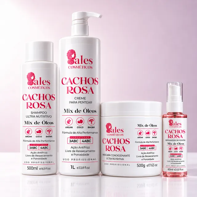 Kit Completo Cachos Rosa: shampoo, creme de pentear, máscara e óleo reparador